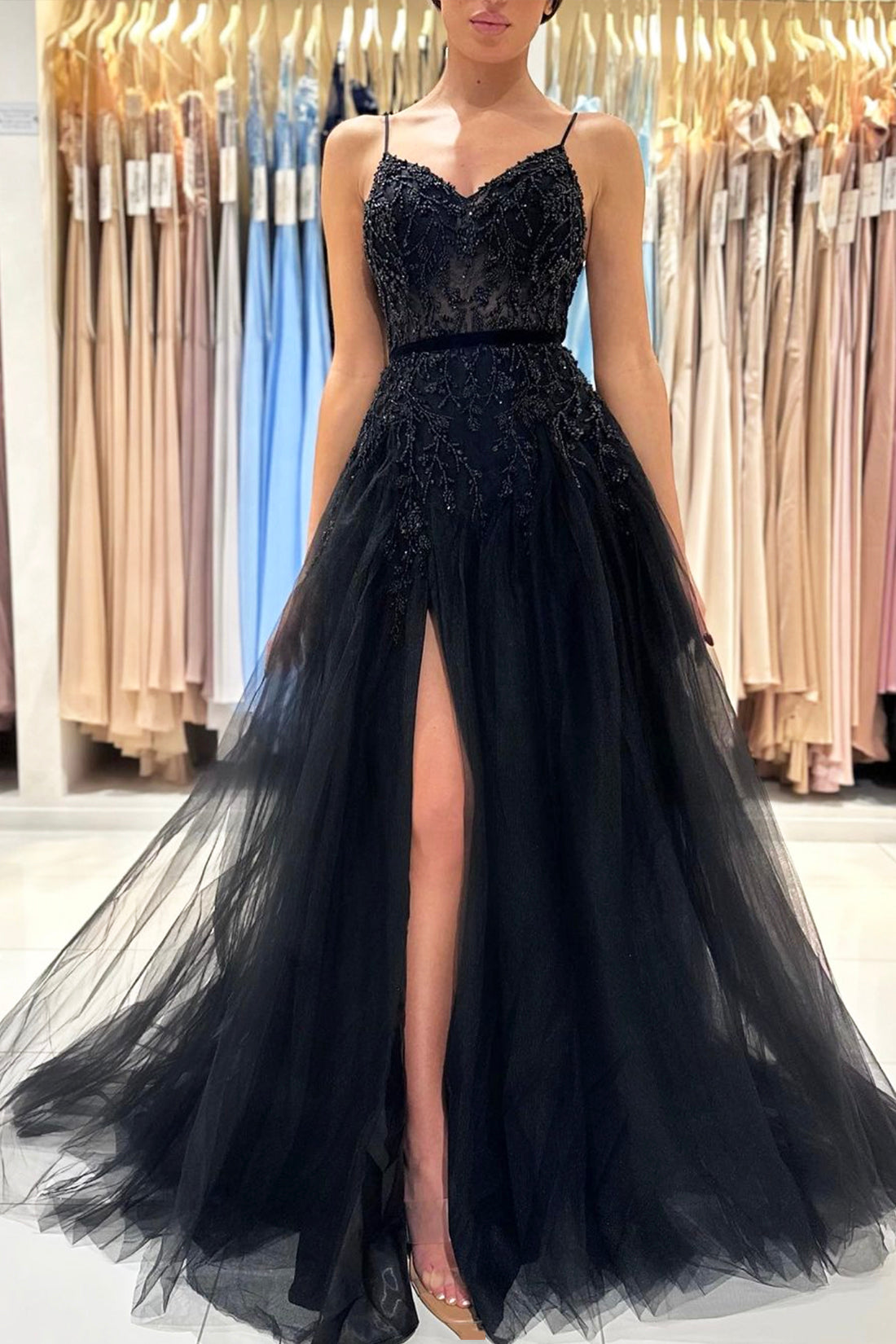 Black V-Neck Tulle Beaded Long Prom Dress, A-Line Spaghetti Straps Evening Dress