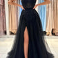 Black V-Neck Tulle Beaded Long Prom Dress, A-Line Spaghetti Straps Evening Dress