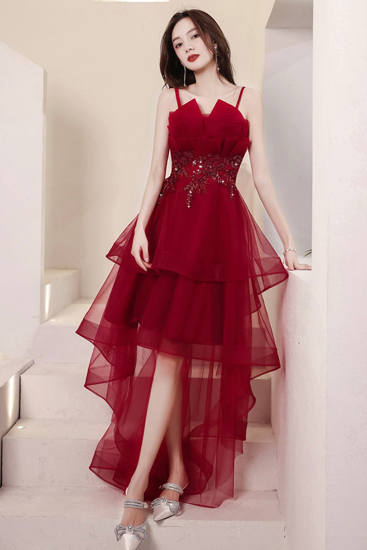 Burgundy Spaghetti Strap Lace High Low Prom Dress