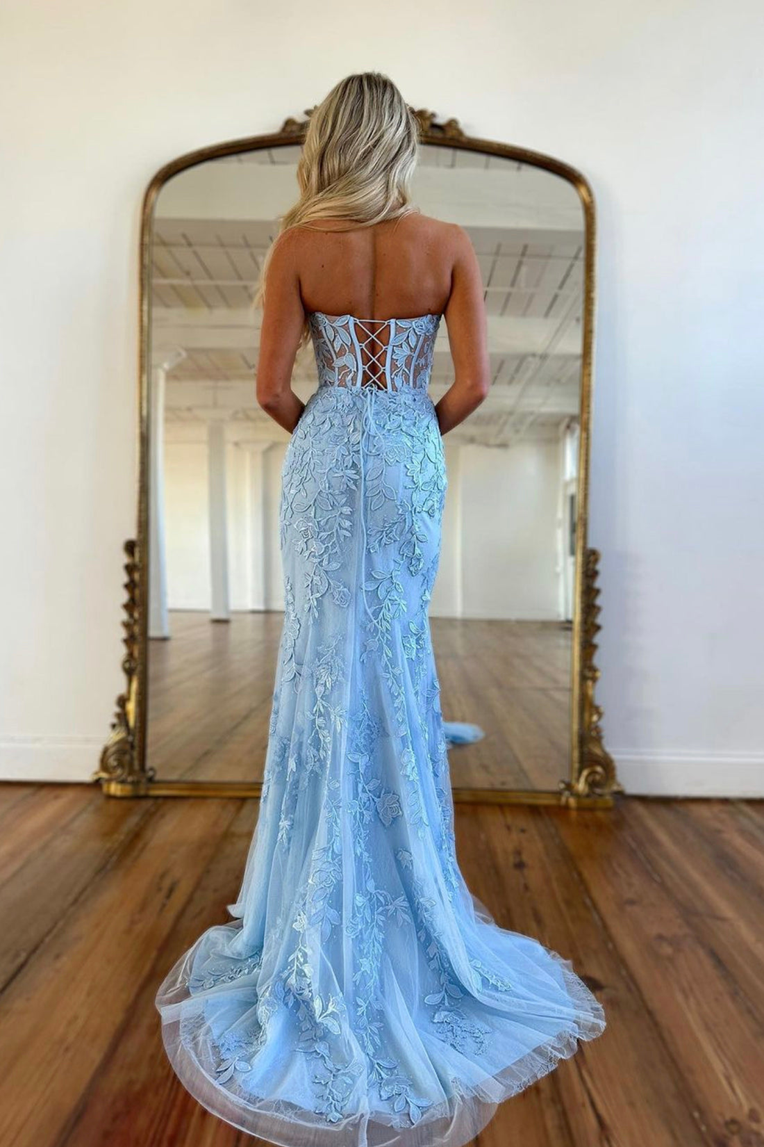 Blue Strapless Tulle Long Prom Dress with Lace, Mermaid Evening Dress