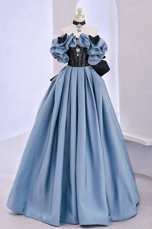 Blue Satin Lace Long Prom Dress, Blue A-Line Evening Dress