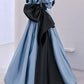 Blue Satin Lace Long Prom Dress, Blue A-Line Evening Dress