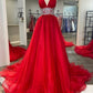 Red Organza Beaded Long A-Line Prom Dress, Red Evening Dress