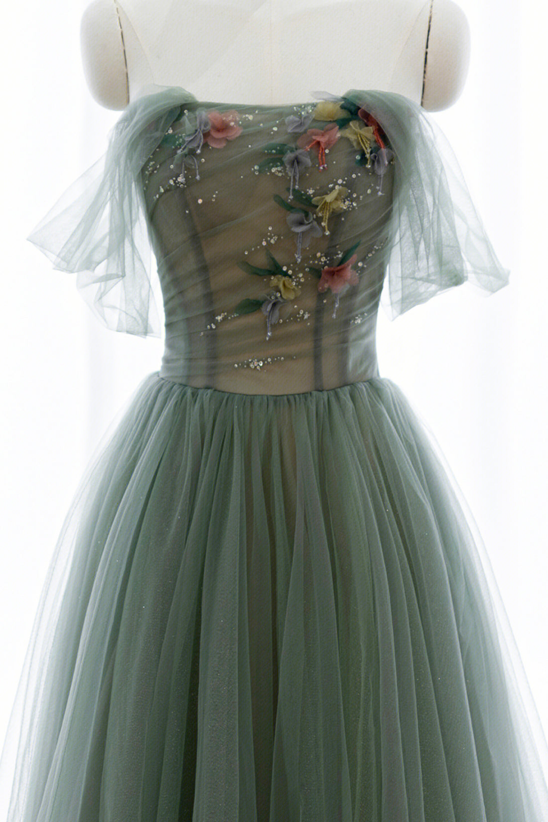 Green Tulle Long Prom Dress, Off Shoulder A-Line Evening Party Dress