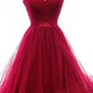 Burgundy V-Neck Tulle Long Prom Dress, Burgundy Evening Party Dress