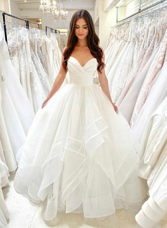 White Strapless Tulle Layers Long Prom Dress, White A-Line Evening Party Dress