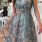 Stylish V-Neck Tulle Sequins Long Prom Dress, A-Line Backless Evening Dress