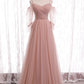 Pink Spaghetti Strap Tulle Long Prom Dress, A-Line Beautiful Evening Dress
