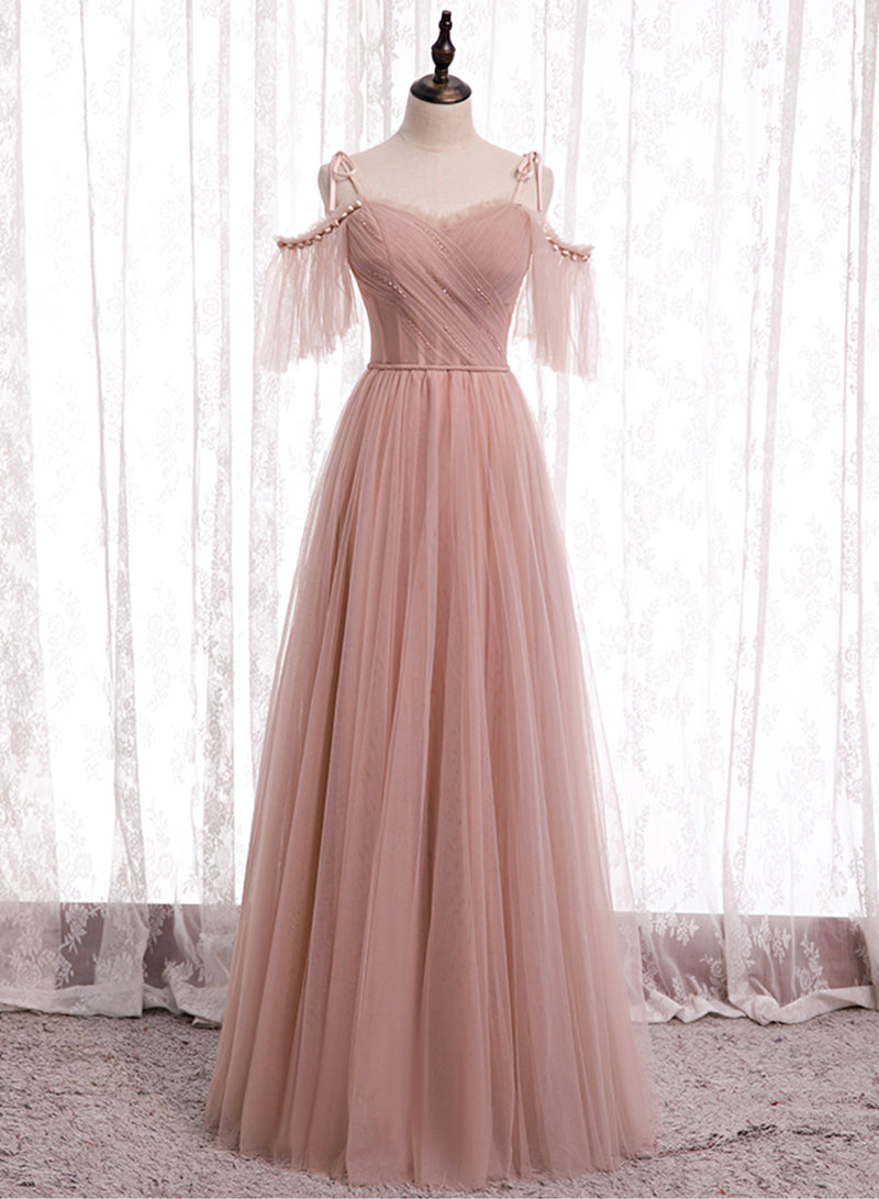 Pink Spaghetti Strap Tulle Long Prom Dress, A-Line Beautiful Evening Dress
