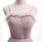 Pink Tulle Long Prom Dress, A-Line Spaghetti Strap Evening Dress