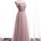 Pink Tulle Long Prom Dress, A-Line Spaghetti Strap Evening Dress