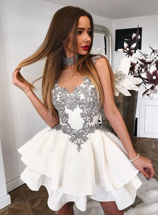 White Satin Lace Short Prom Dress