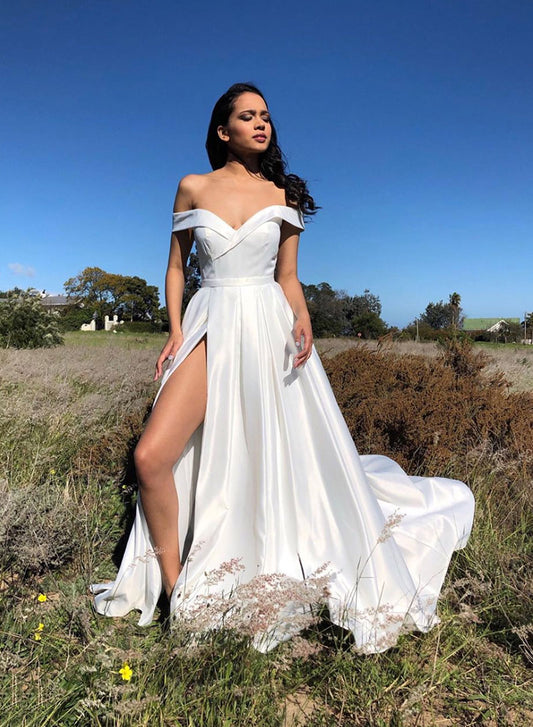 White Satin Long Prom Dress, Off the Shoulder Evening Party Dress with Slit