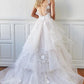 White V-Neck Tulle Lace Floor Length Prom Dress, White A-Line Evening Party Dress