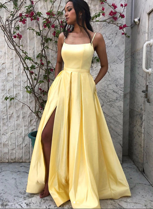Yellow Satin Long Prom Dress, Simple A-Line Evening Dress with Slit