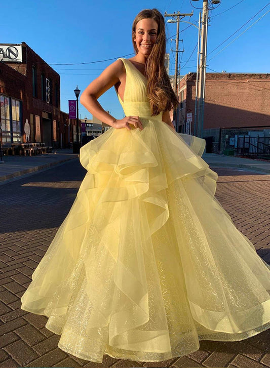 Yellow tulle sequins prom gown formal dress