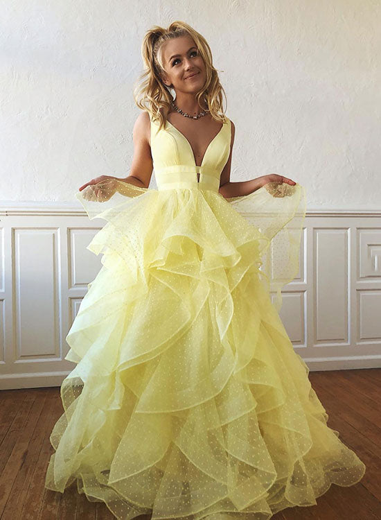 Yellow V-Neck Tulle Long Prom Dress, A-Line Evening Party Dress