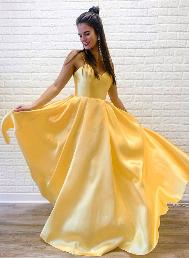 Yellow Spaghetti Strap Satin Long Prom Dress, Beautiful A-line Evening Party Dress