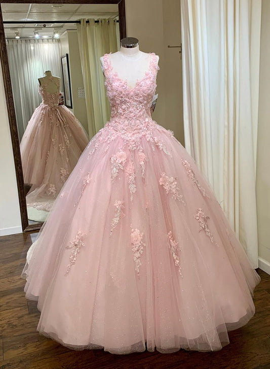 Pink Tulle Lace Long Prom Dress, Beautiful A-Line Open Back Sweet 16 Dress