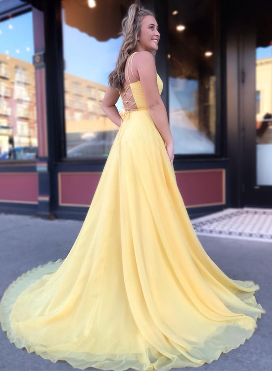 Yellow Spaghetti Strap Backless Prom Dress, Yellow A-Line Chiffon Evening Party Dress
